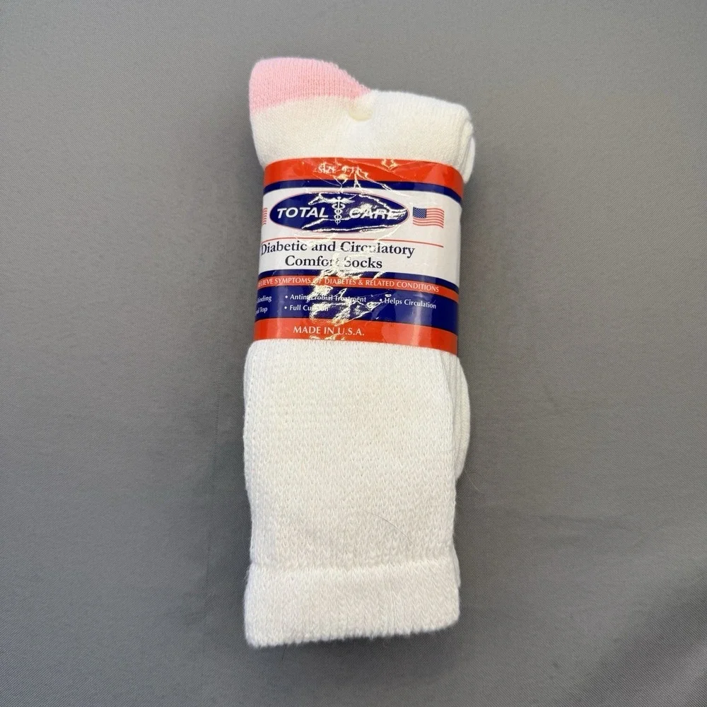 TOTAL CARE 2 PAIR DIABETIC CREW SOCKS 9-11 WHITE‎ USA